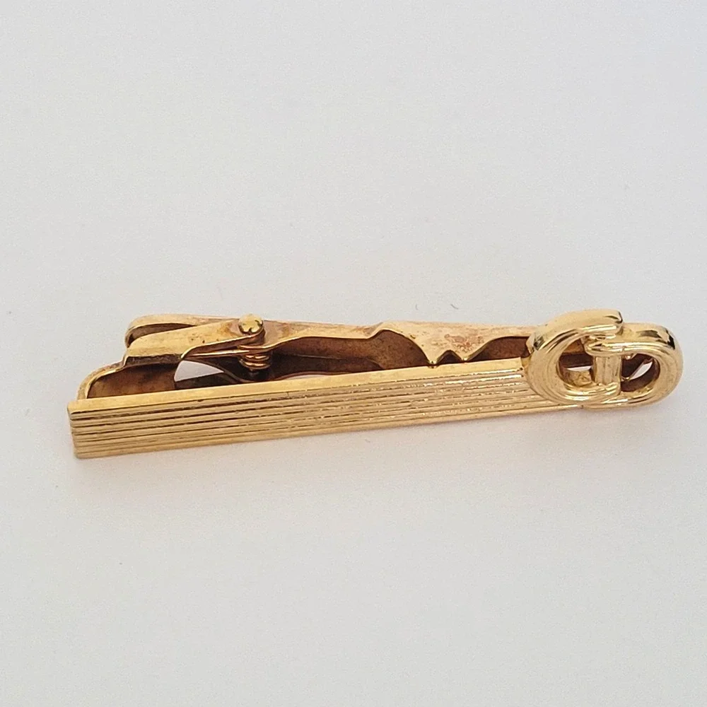 Christian Dior Mens Vintage Gold Tone CD Logo Tie Clip Germany Textured Bar‎